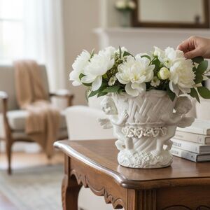 Vintage White Cherub Vase |Angel Figurine Planter | Romantic Mid-Century Ceramic